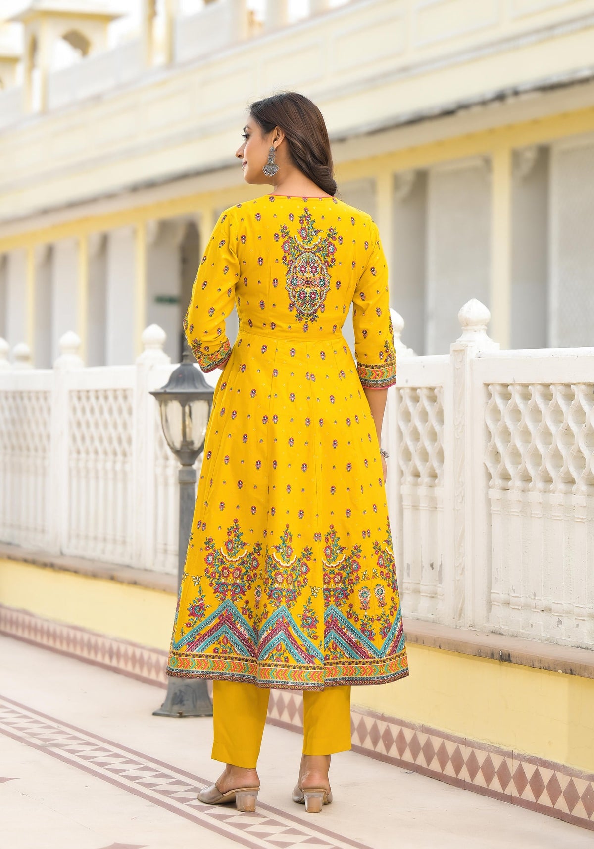 Juniper Mustard Ethnic Motif Printed Cotton A-Line Kurta Pant And Dupatta Set With Sequins