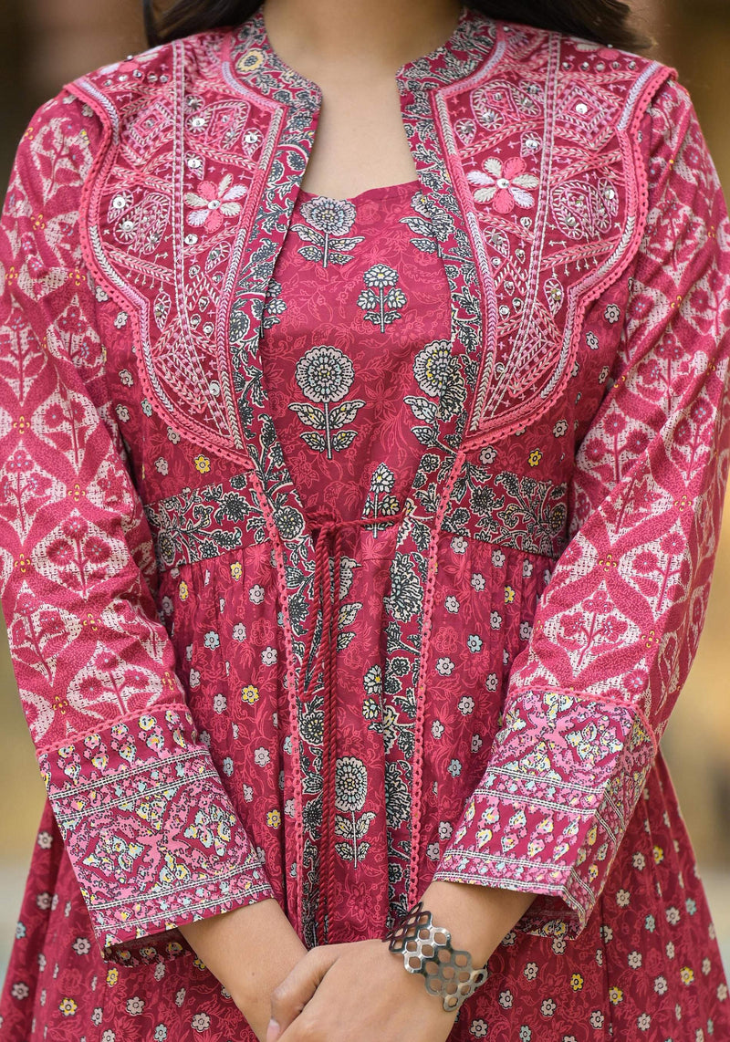 Juniper Maroon Floral Printed Cotton Long Dress With Shrug