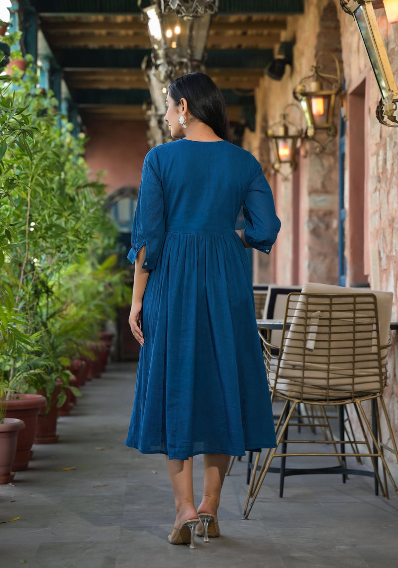 Juniper Indigo Solid Cotton Long Dress With Thread Embroidery