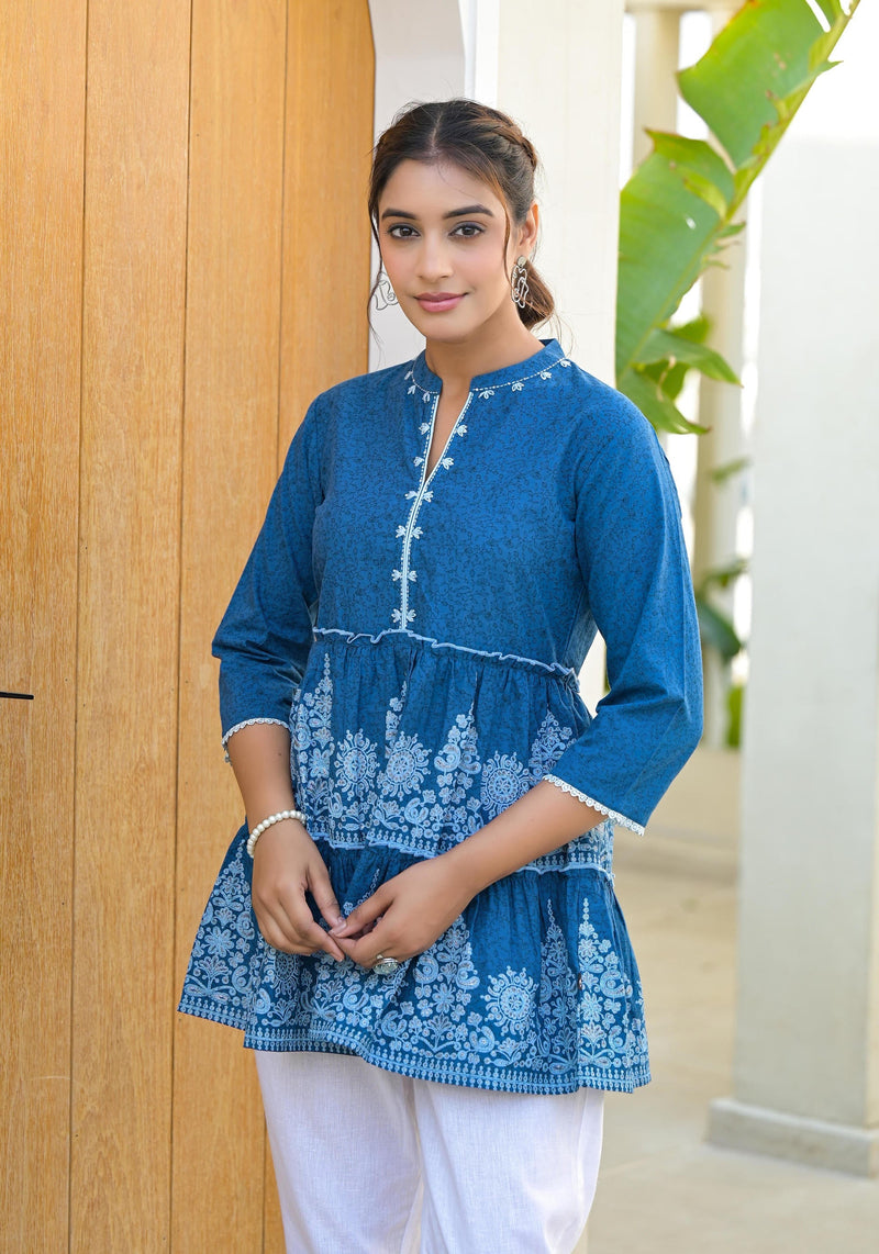 Juniper Indigo Ethnic Motif Printed Cotton Tunic With Thread Work & Sequins