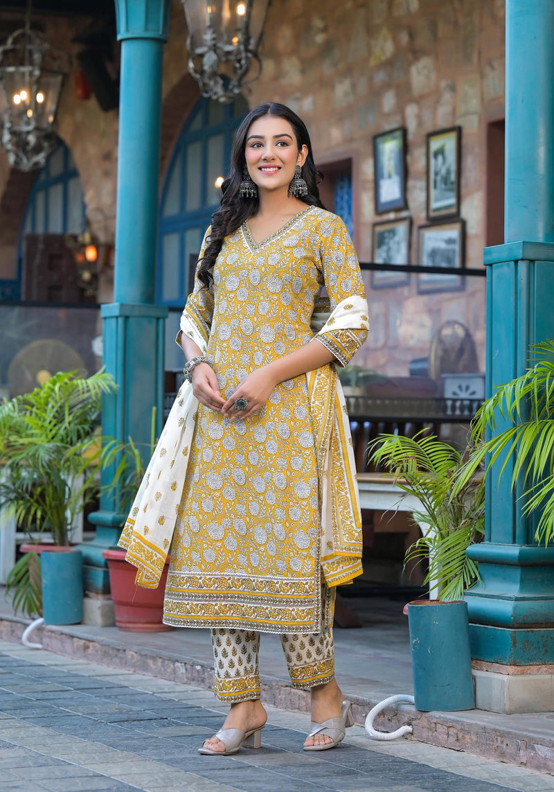 Juniper Mustard Floral Printed Cotton Kurta Pant And Dupatta Set With Lace