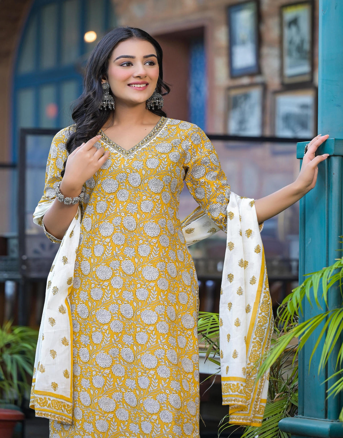 Juniper Mustard Floral Printed Cotton Kurta Pant And Dupatta Set With Lace