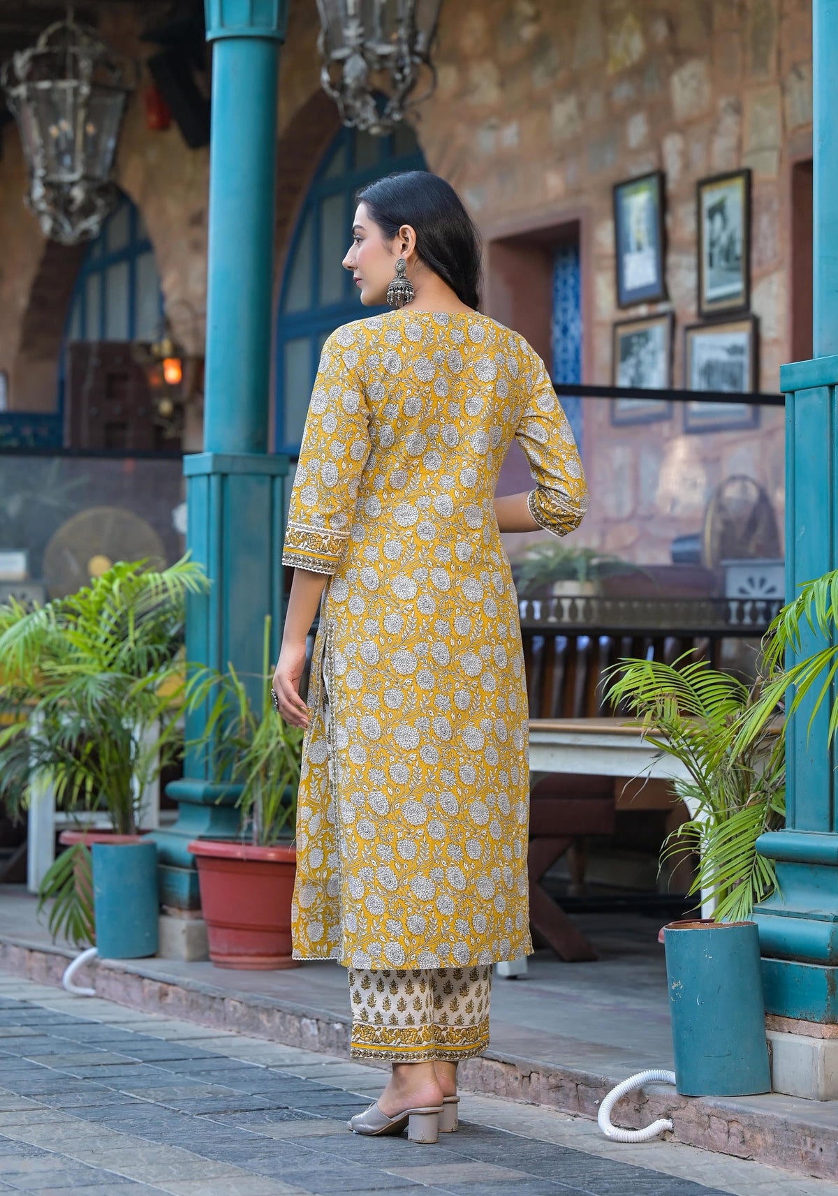 Juniper Mustard Floral Printed Cotton Kurta Pant And Dupatta Set With Lace