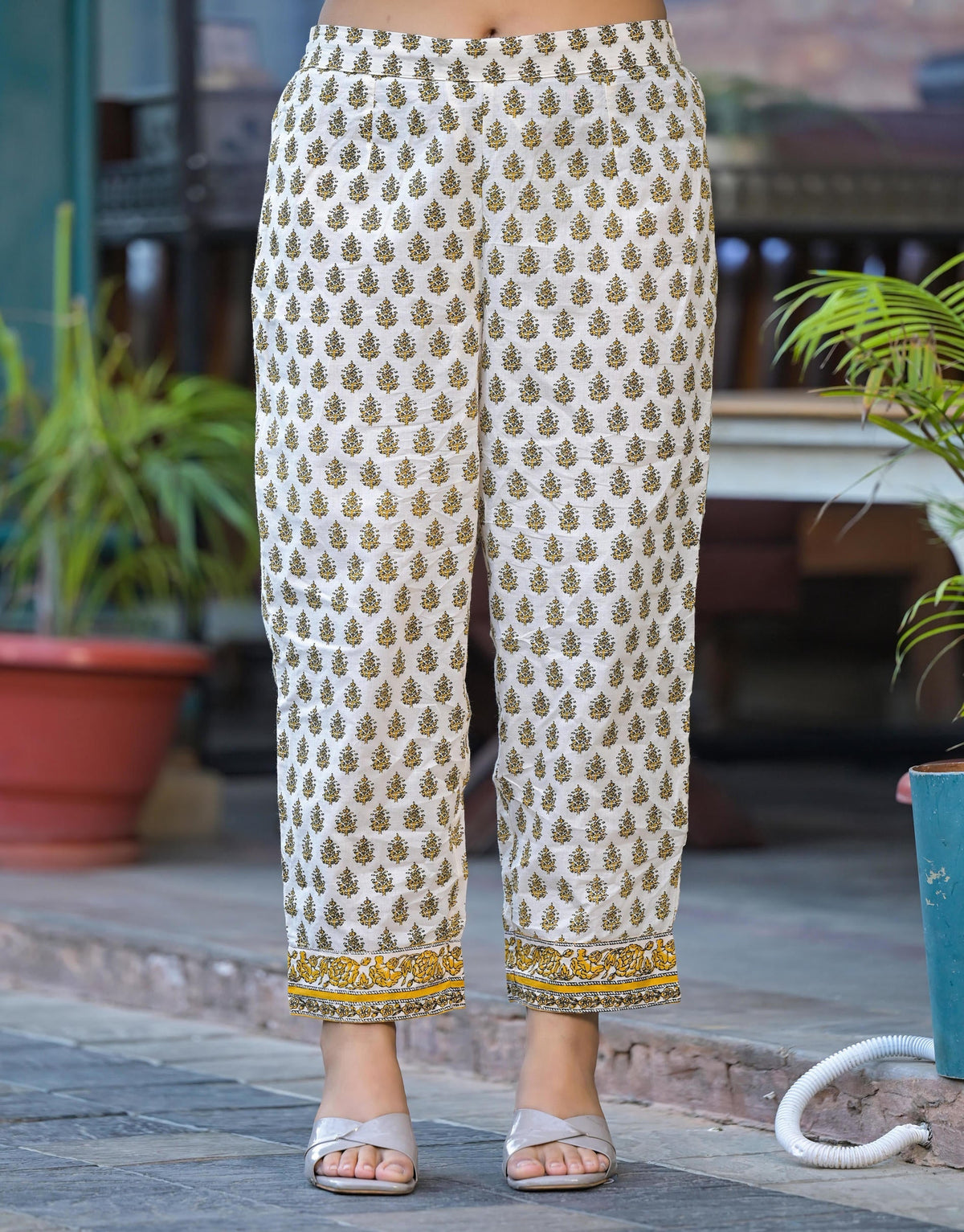 Juniper Mustard Floral Printed Cotton Kurta Pant And Dupatta Set With Lace