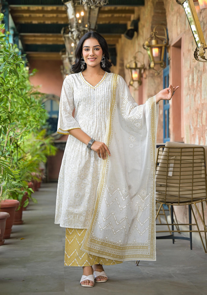 Juniper Off White Abstract Printed Cotton Kurta Pant And Dupatta Set With Sequins & Thread Work