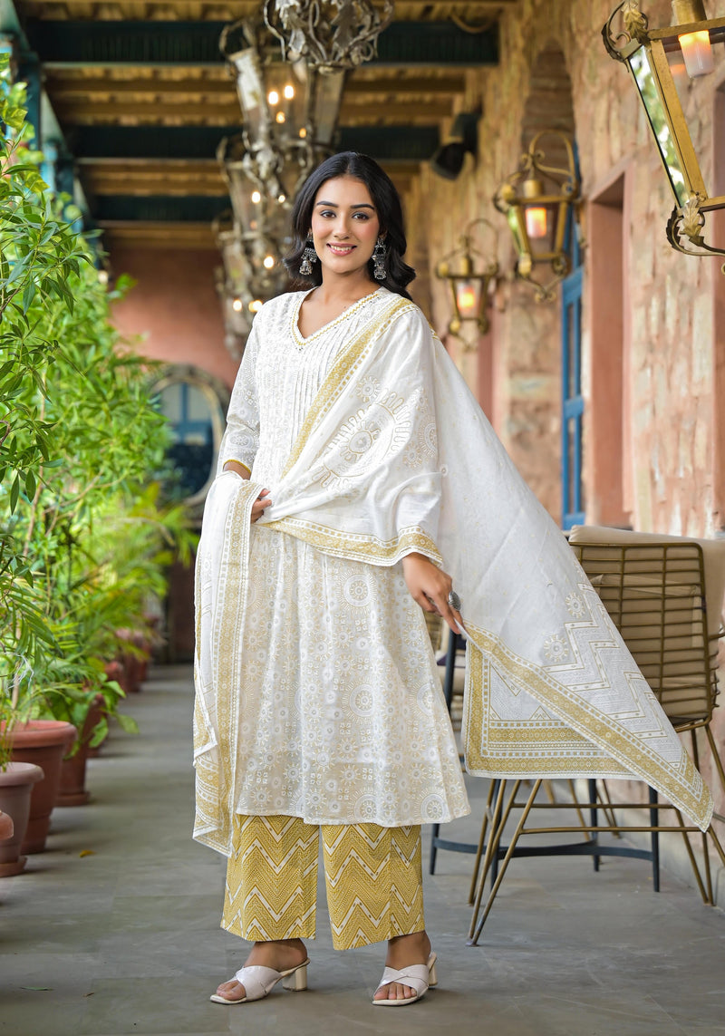 Juniper Off White Abstract Printed Cotton Kurta Pant And Dupatta Set With Sequins & Thread Work