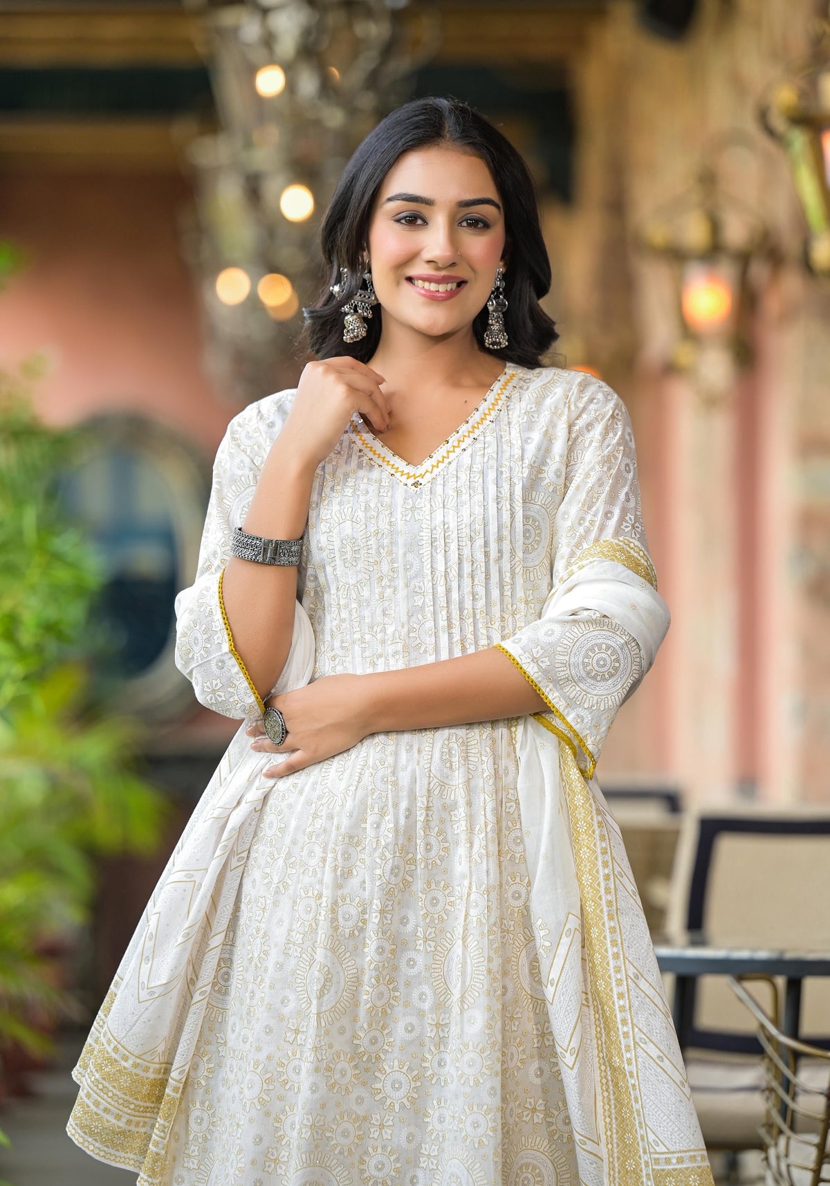 Juniper Off White Abstract Printed Cotton Kurta Pant And Dupatta Set With Sequins & Thread Work