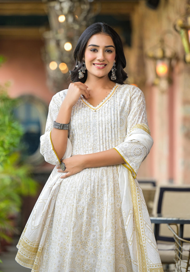 Juniper Off White Abstract Printed Cotton Kurta Pant And Dupatta Set With Sequins & Thread Work