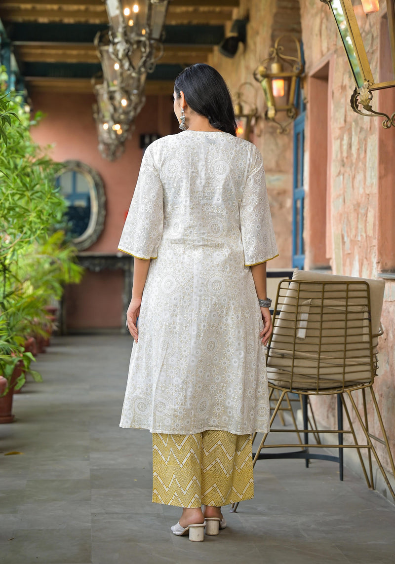Juniper Off White Abstract Printed Cotton Kurta Pant And Dupatta Set With Sequins & Thread Work