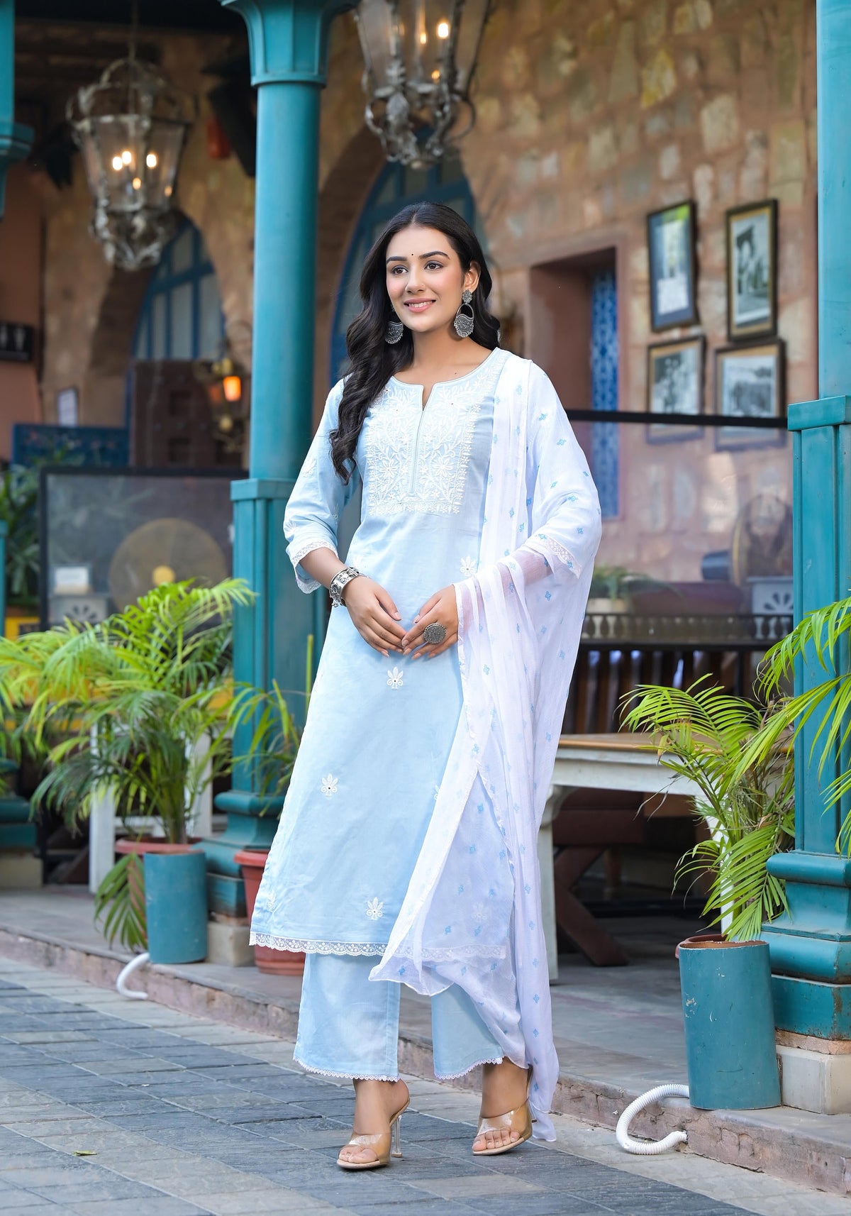 Juniper Sky Blue Solid Cotton Kurta Pant And Dupatta Set With Thread Embroidery