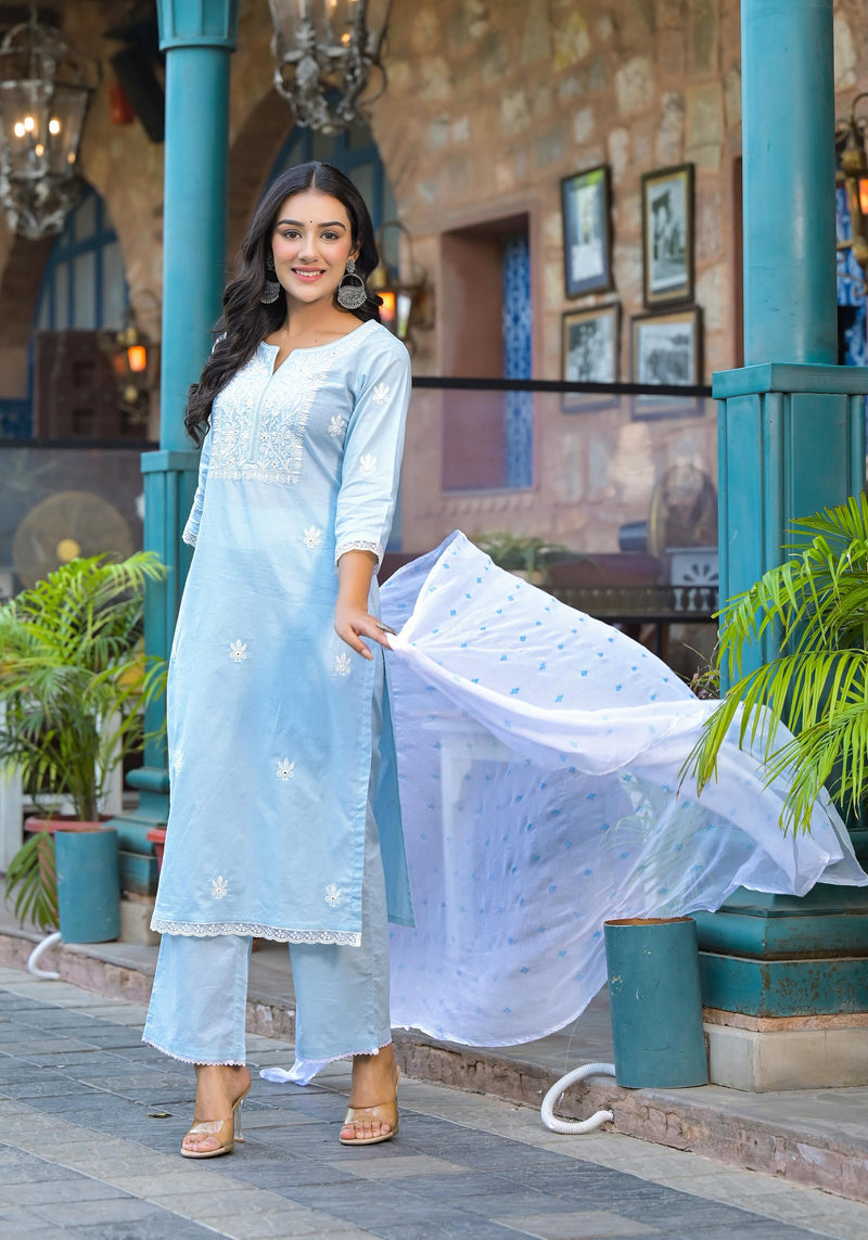 Juniper Sky Blue Solid Cotton Kurta Pant And Dupatta Set With Thread Embroidery