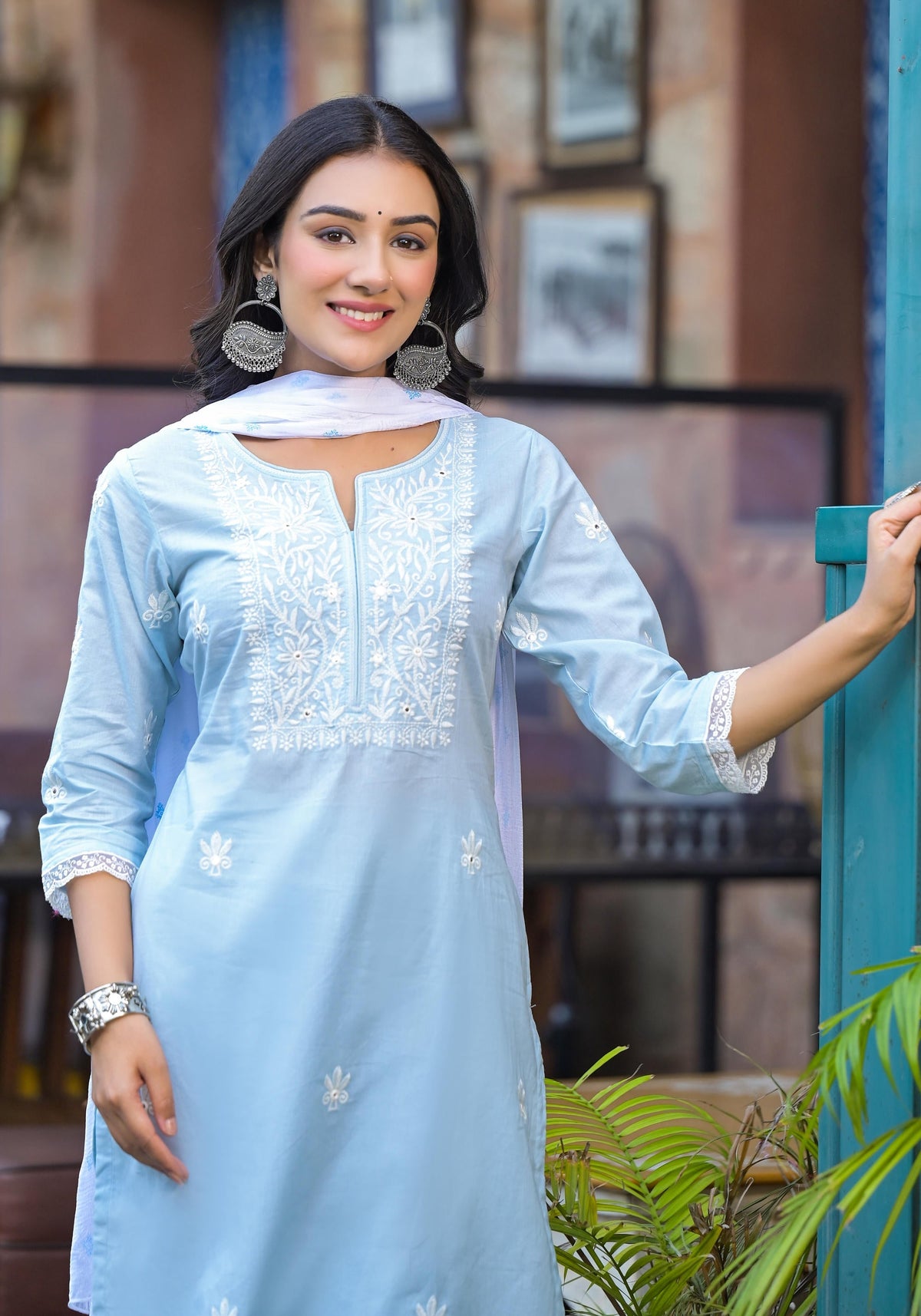 Juniper Sky Blue Solid Cotton Kurta Pant And Dupatta Set With Thread Embroidery