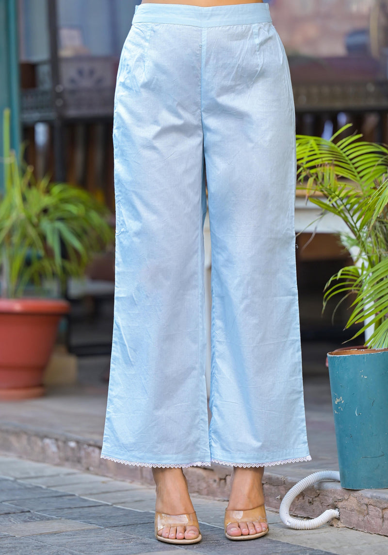 Juniper Sky Blue Solid Cotton Kurta Pant And Dupatta Set With Thread Embroidery