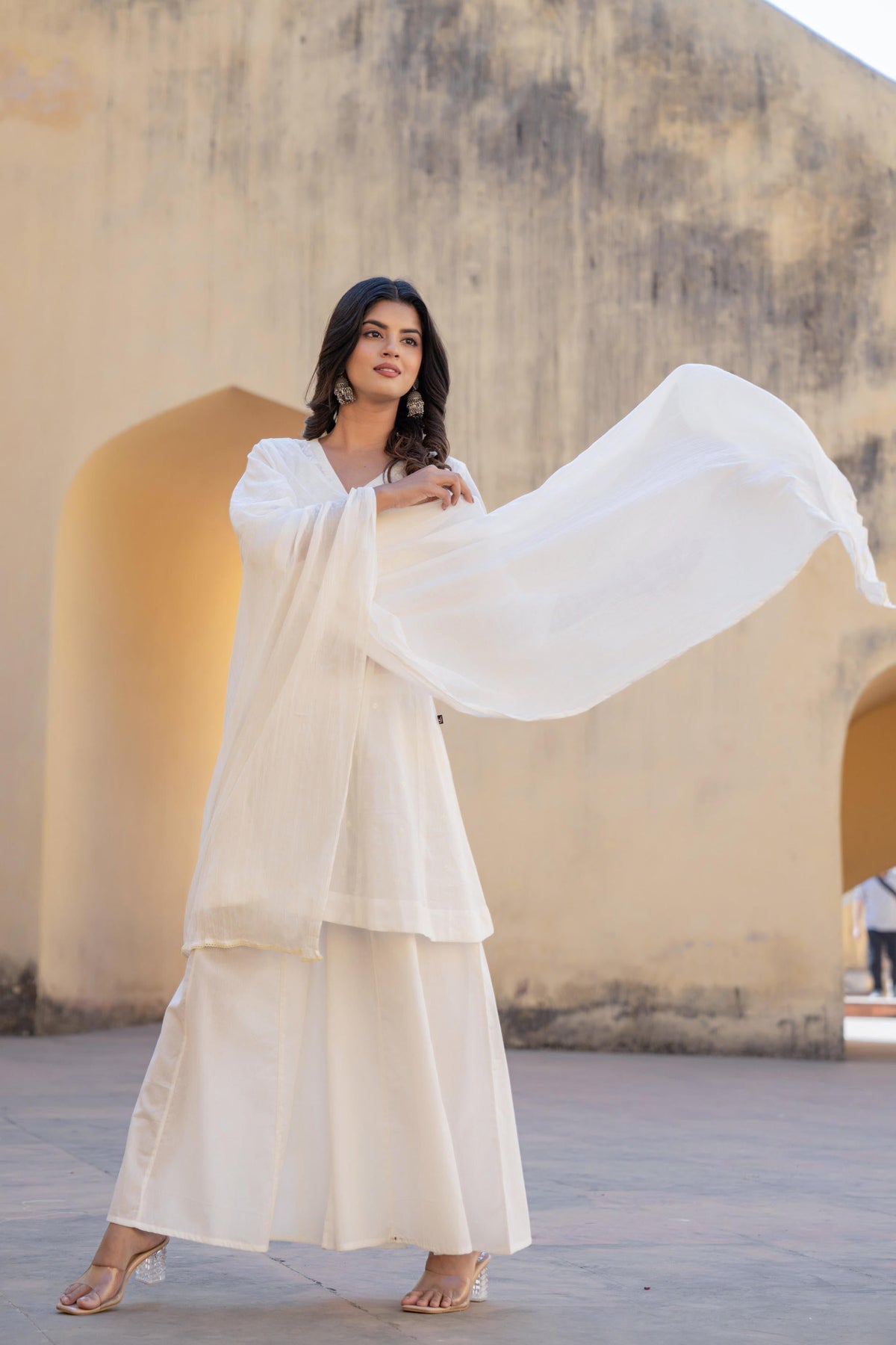 Juniper White Embroidered Anarkali Kurta Set With Palazzo & Dupatta