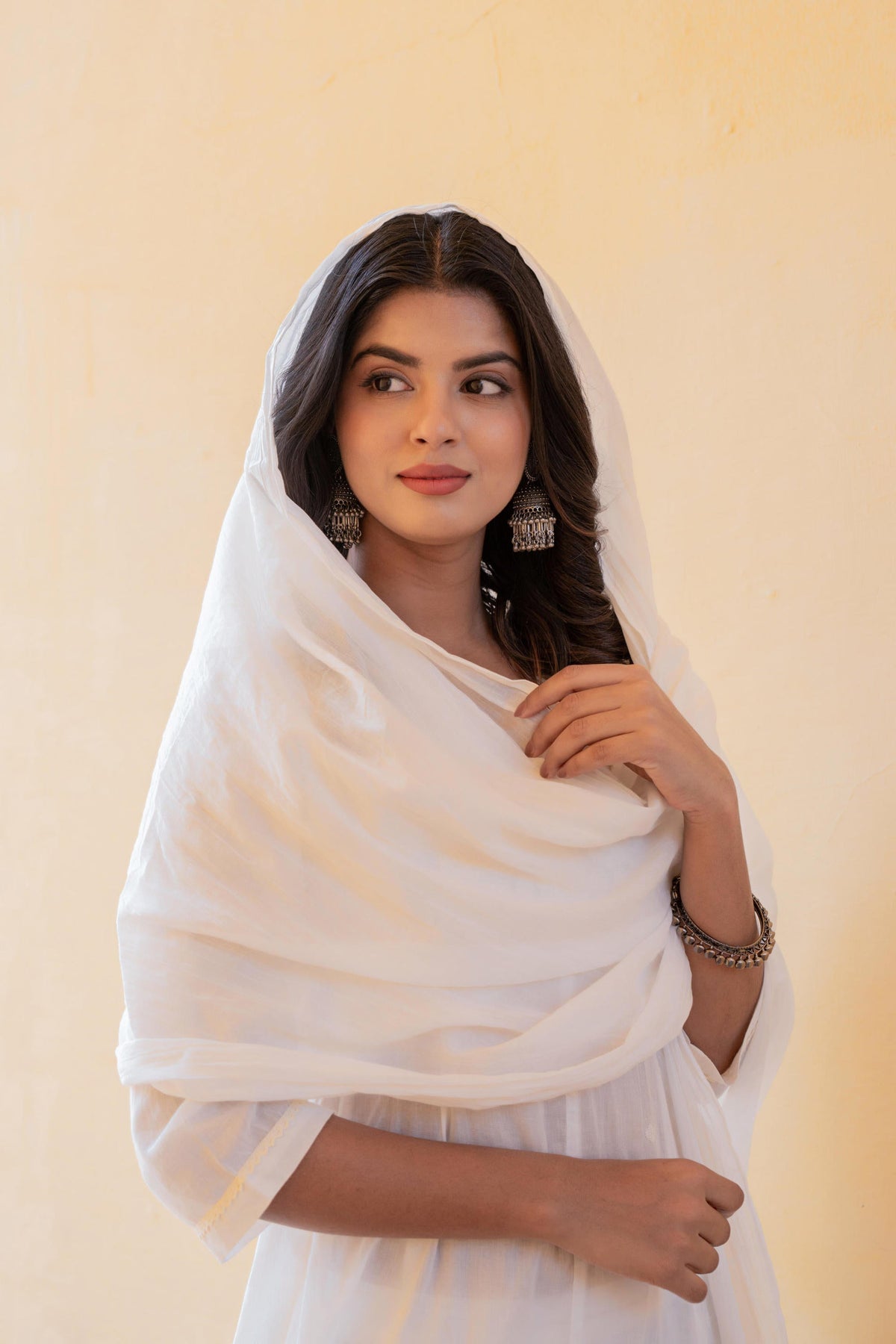 Juniper White Embroidered Anarkali Kurta Set With Palazzo & Dupatta