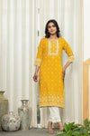 Juniper Mustard Ethnic Motif Printed Viscose Kurta With Lace