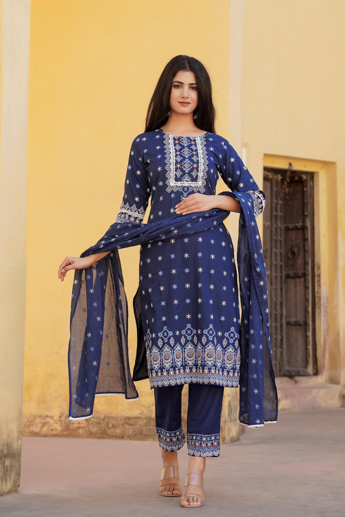 Juniper Navy Ethnic Motif Printed Viscose Kurta Pant And Dupatta Set With Sequins & Lace