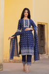 Juniper Navy Ethnic Motif Printed Viscose Kurta Pant And Dupatta Set With Sequins & Lace
