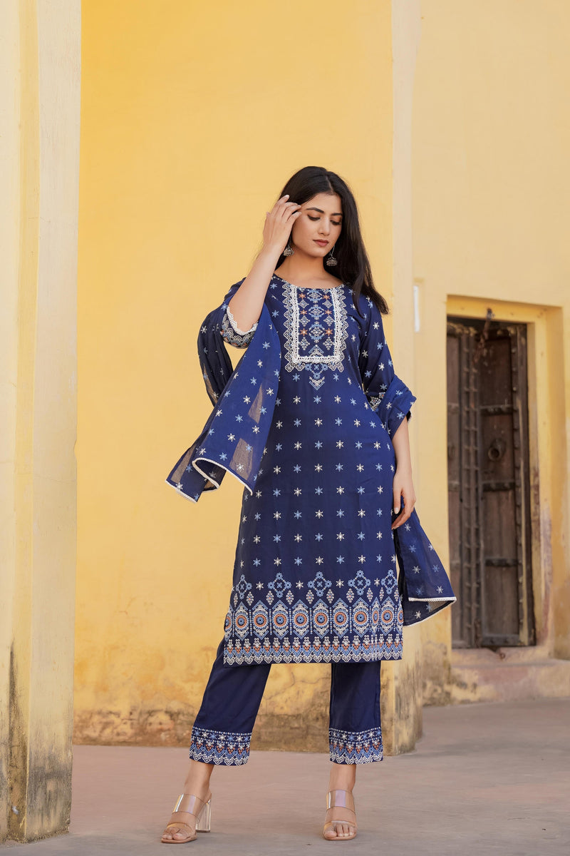 Juniper Navy Ethnic Motif Printed Viscose Kurta Pant And Dupatta Set With Sequins & Lace