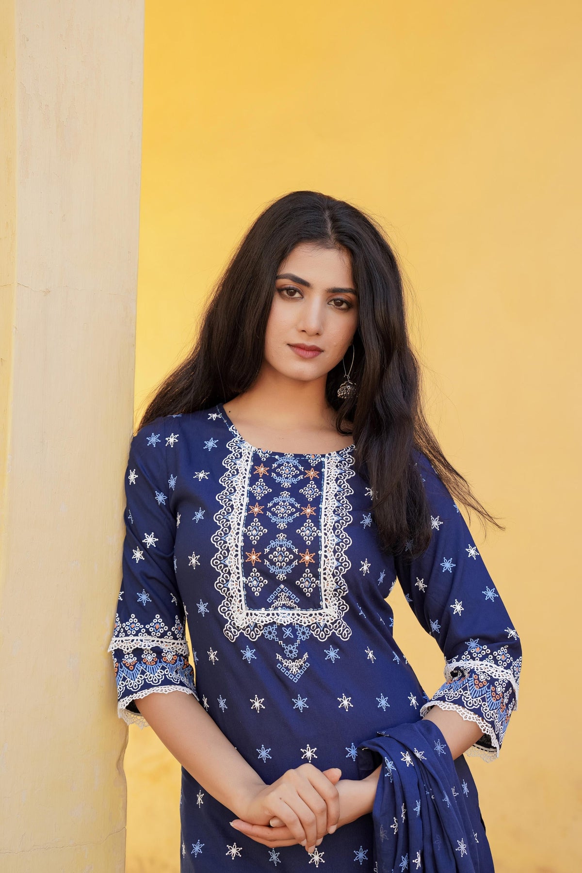 Juniper Navy Ethnic Motif Printed Viscose Kurta Pant And Dupatta Set With Sequins & Lace