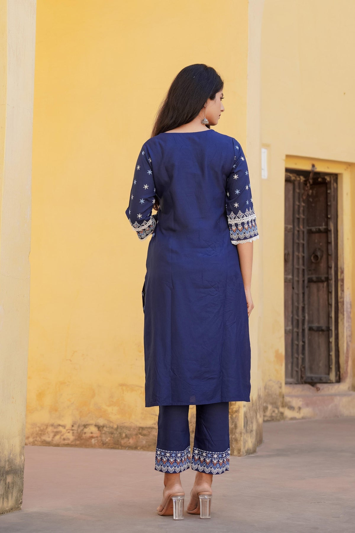 Juniper Navy Ethnic Motif Printed Viscose Kurta Pant And Dupatta Set With Sequins & Lace