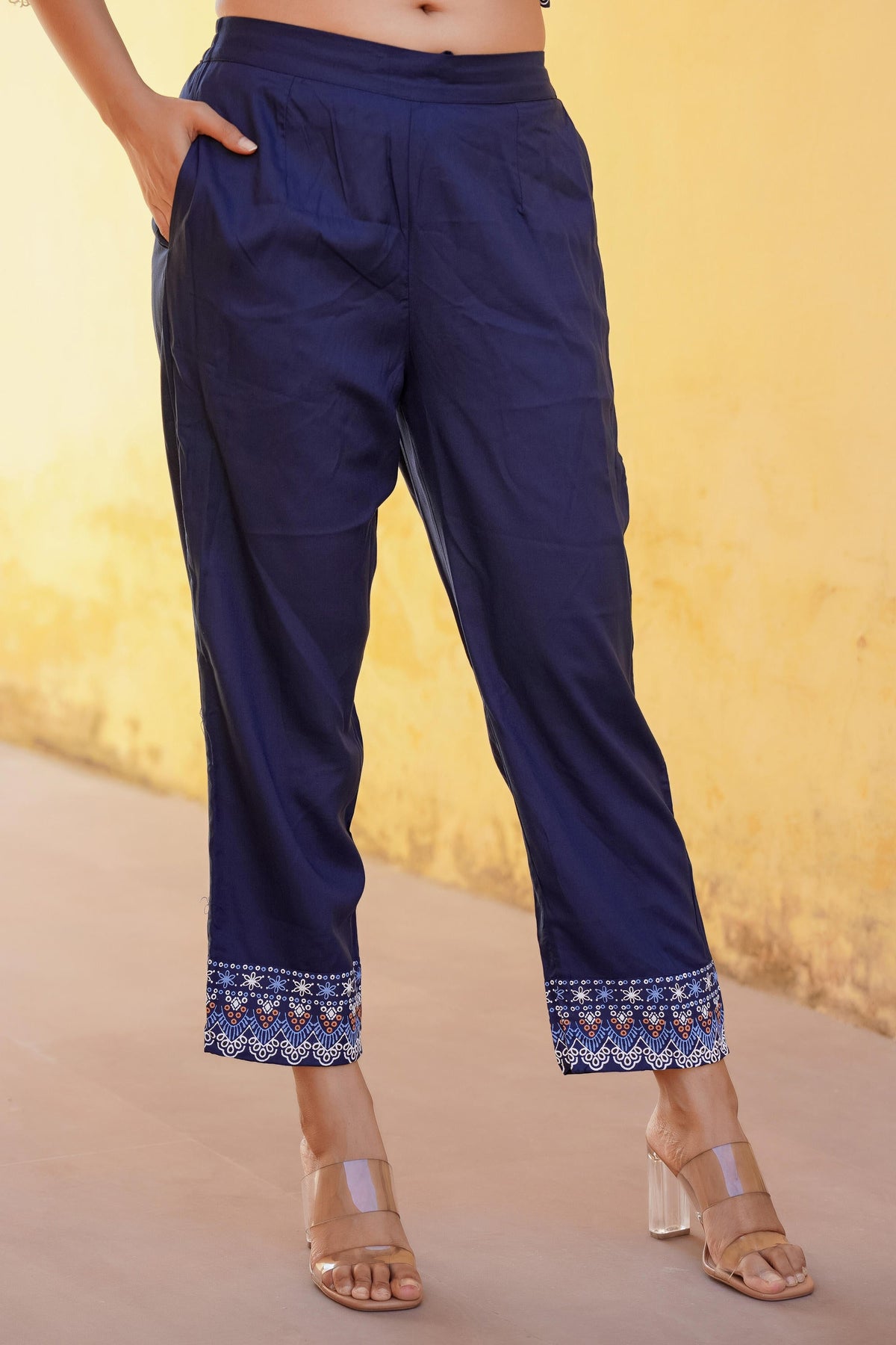 Juniper Navy Ethnic Motif Printed Viscose Kurta Pant And Dupatta Set With Sequins & Lace