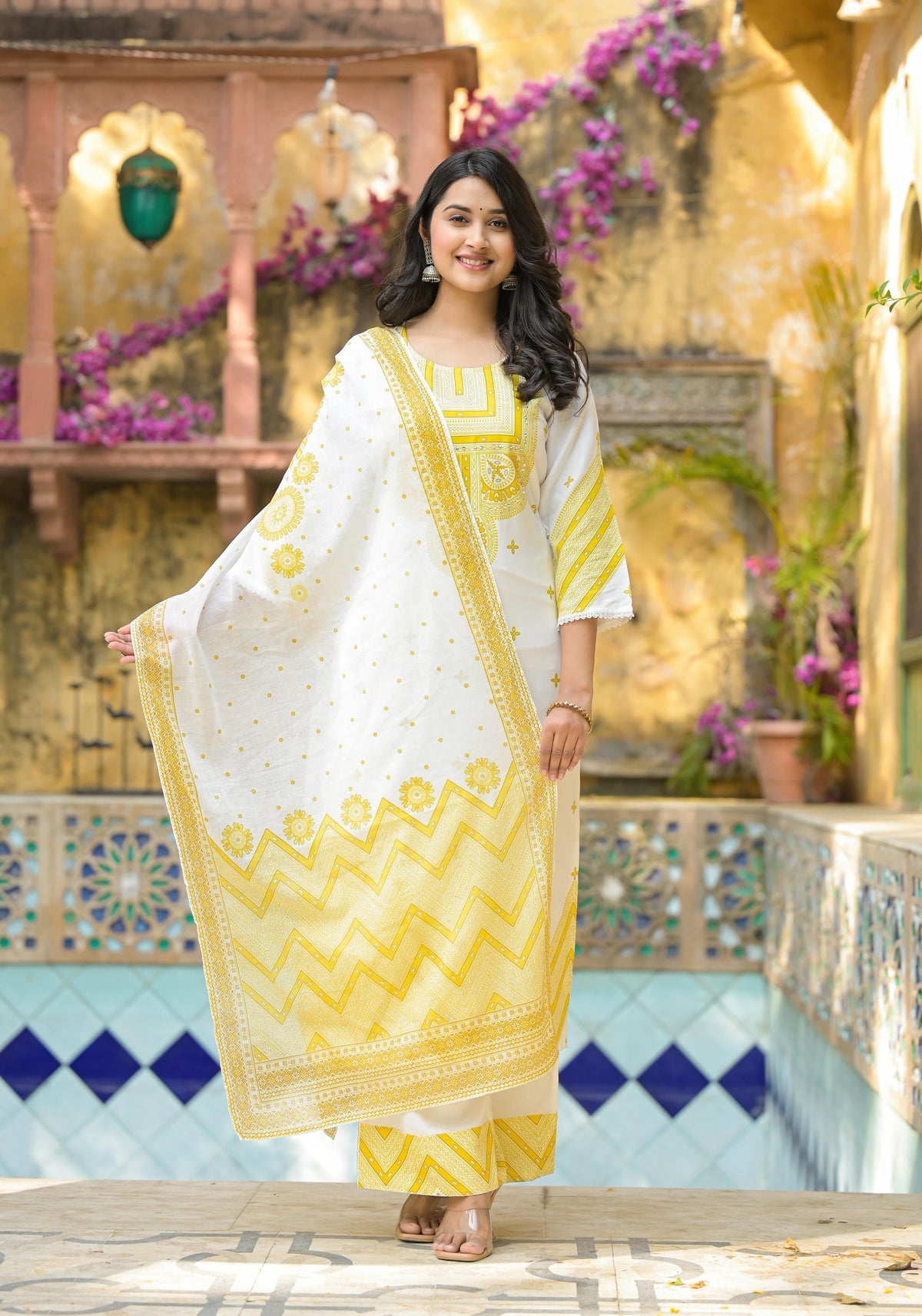Juniper Mustard Ethnic Motif Printed Viscose Kurta Pant And Dupatta Set With Sequins & Beads