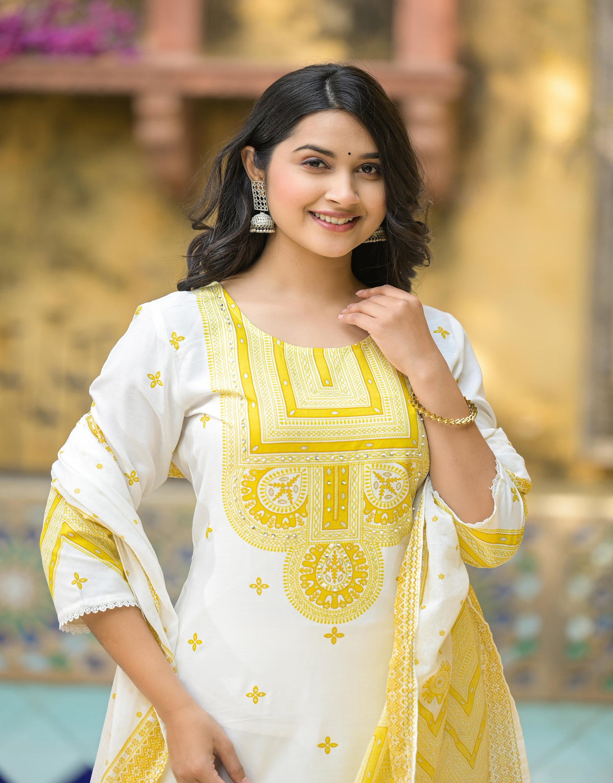 Juniper Mustard Ethnic Motif Printed Viscose Kurta Pant And Dupatta Set With Sequins & Beads