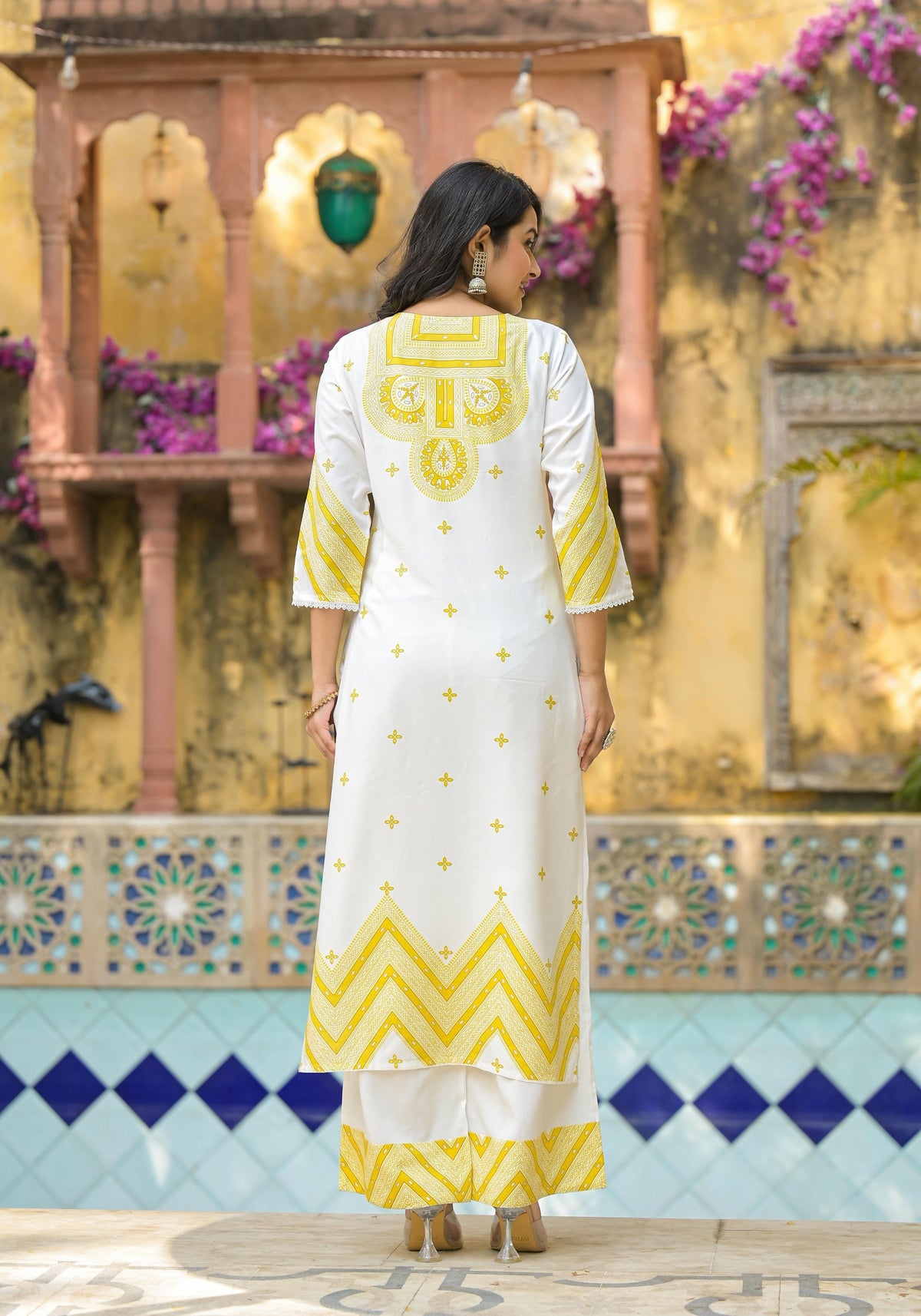 Juniper Mustard Ethnic Motif Printed Viscose Kurta Pant And Dupatta Set With Sequins & Beads
