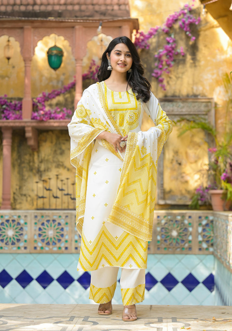 Juniper Mustard Ethnic Motif Printed Viscose Kurta Pant And Dupatta Set With Sequins & Beads