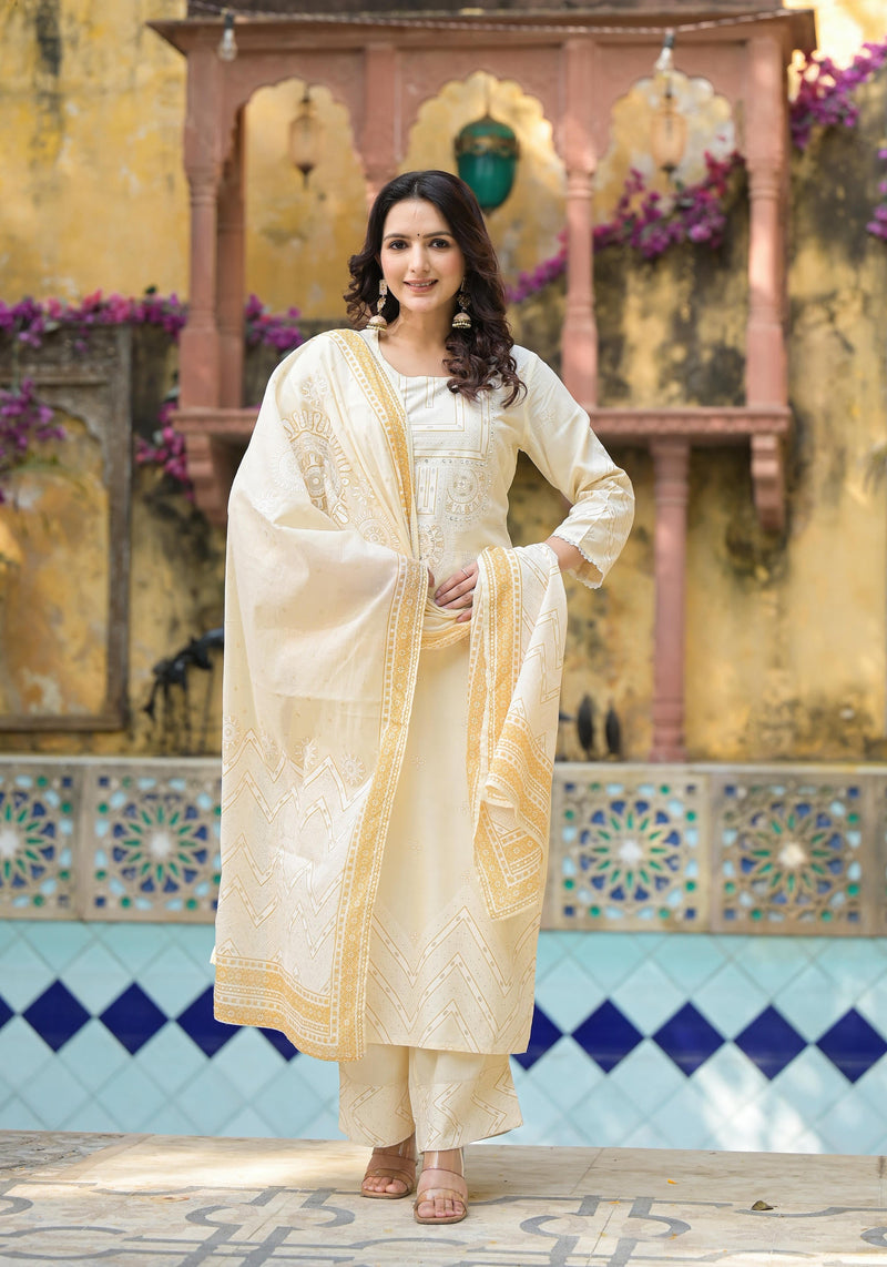 Juniper White Ethnic Motif Printed Viscose Kurta Pant And Dupatta Set With Sequins & Beads