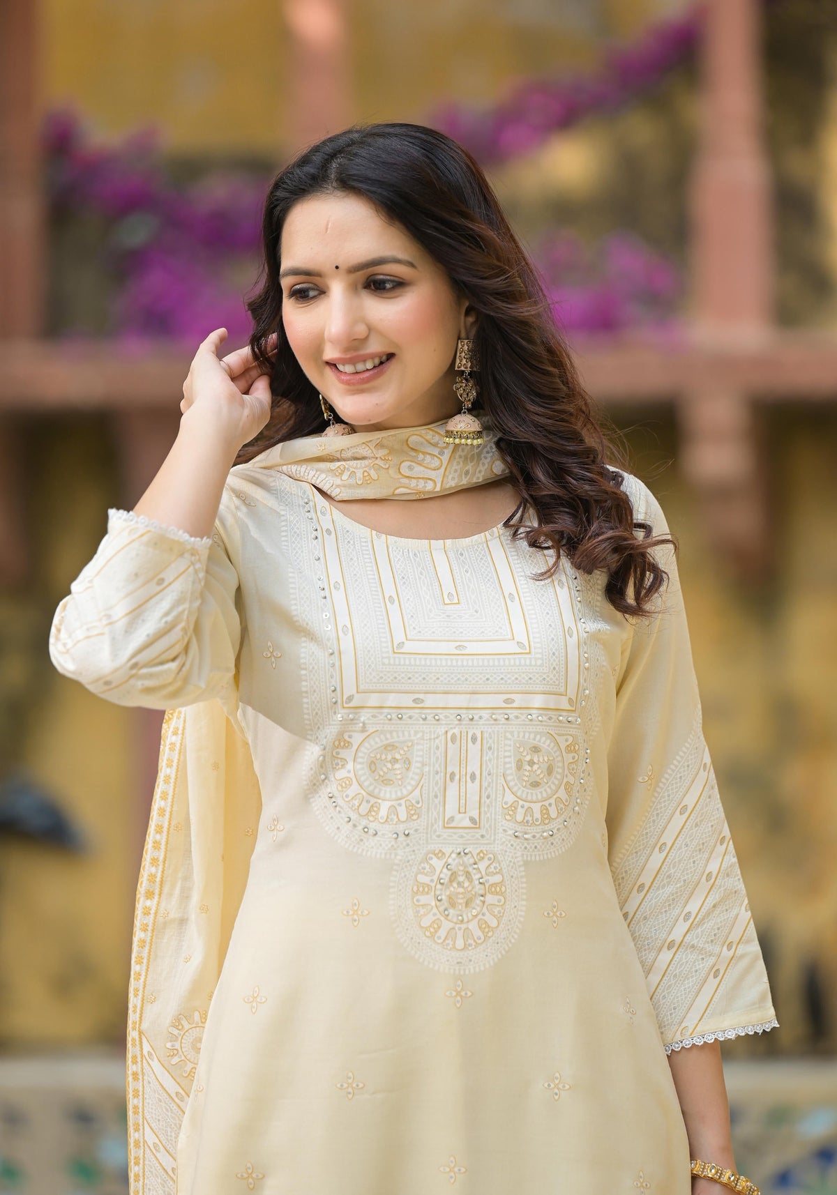 Juniper White Ethnic Motif Printed Viscose Kurta Pant And Dupatta Set With Sequins & Beads