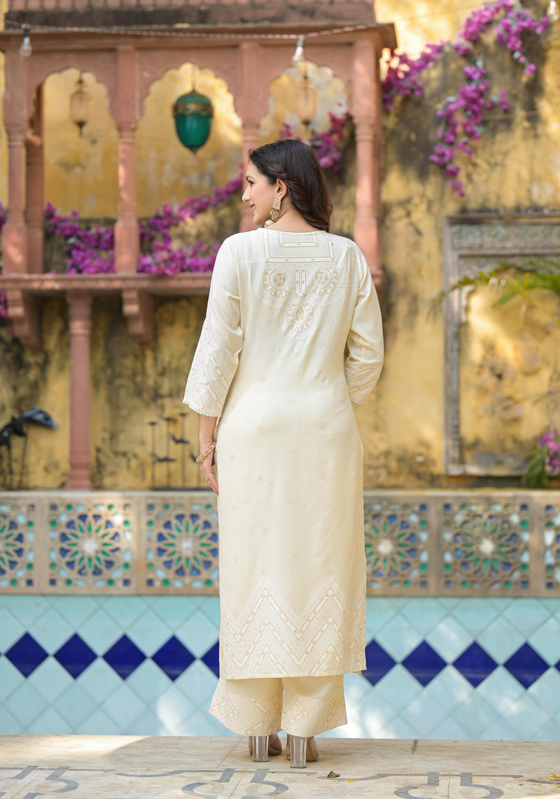 Juniper White Ethnic Motif Printed Viscose Kurta Pant And Dupatta Set With Sequins & Beads