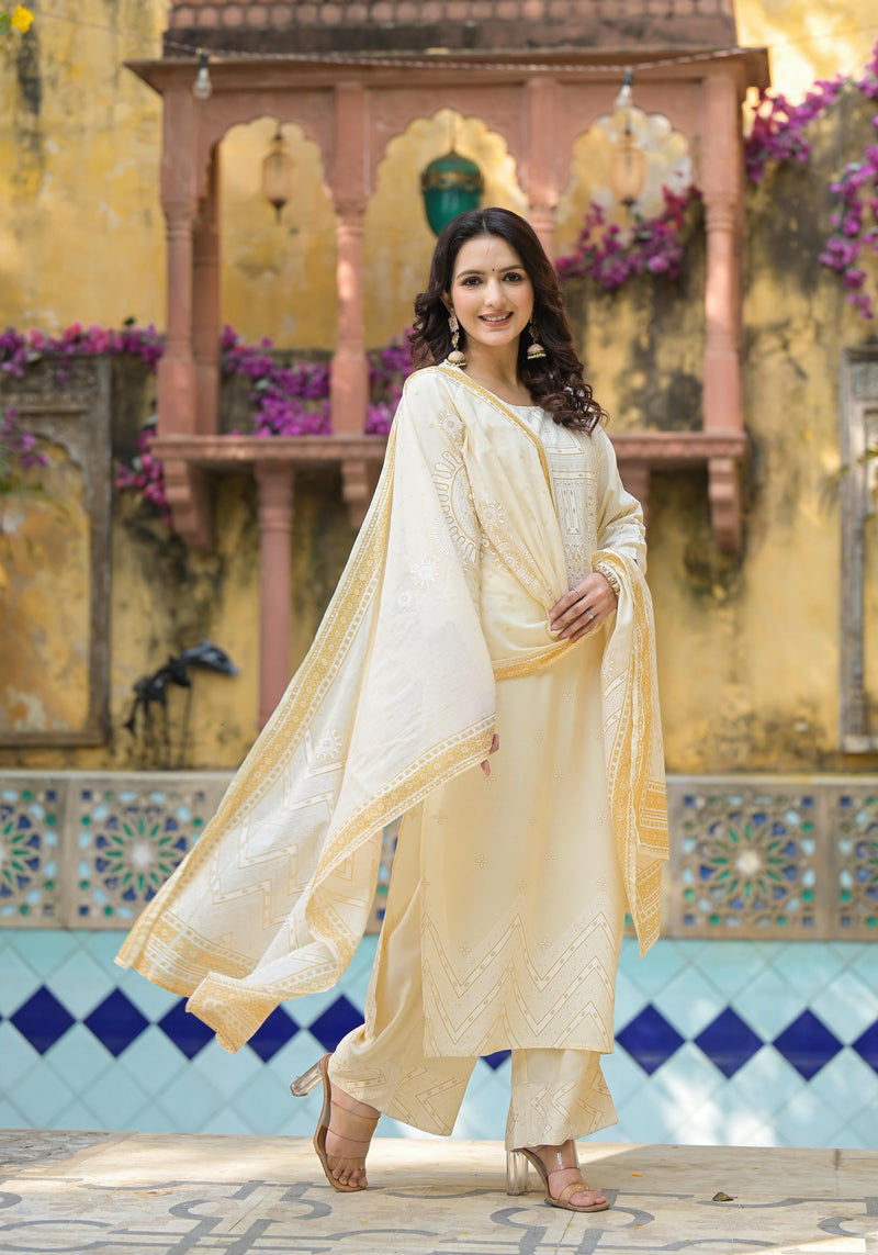 Juniper White Ethnic Motif Printed Viscose Kurta Pant And Dupatta Set With Sequins & Beads