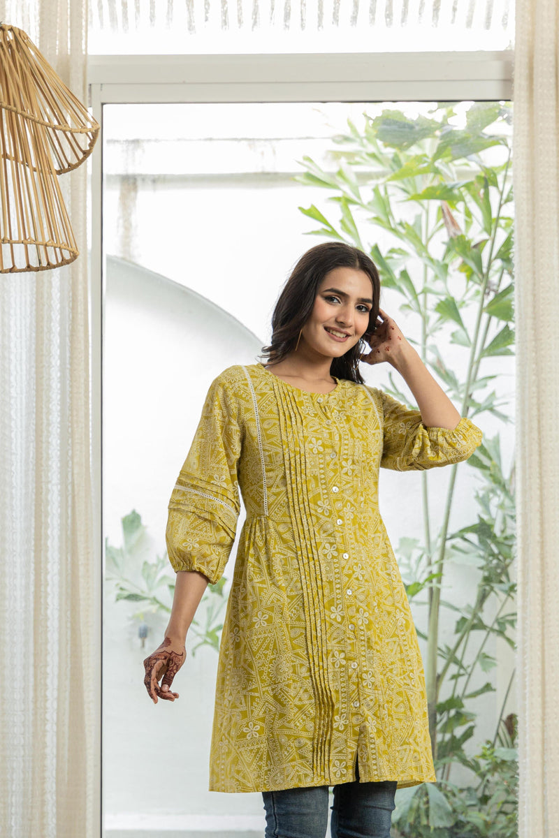 Juniper Lemon Ethnic Motif Printed Cotton Kurta With Button Closure