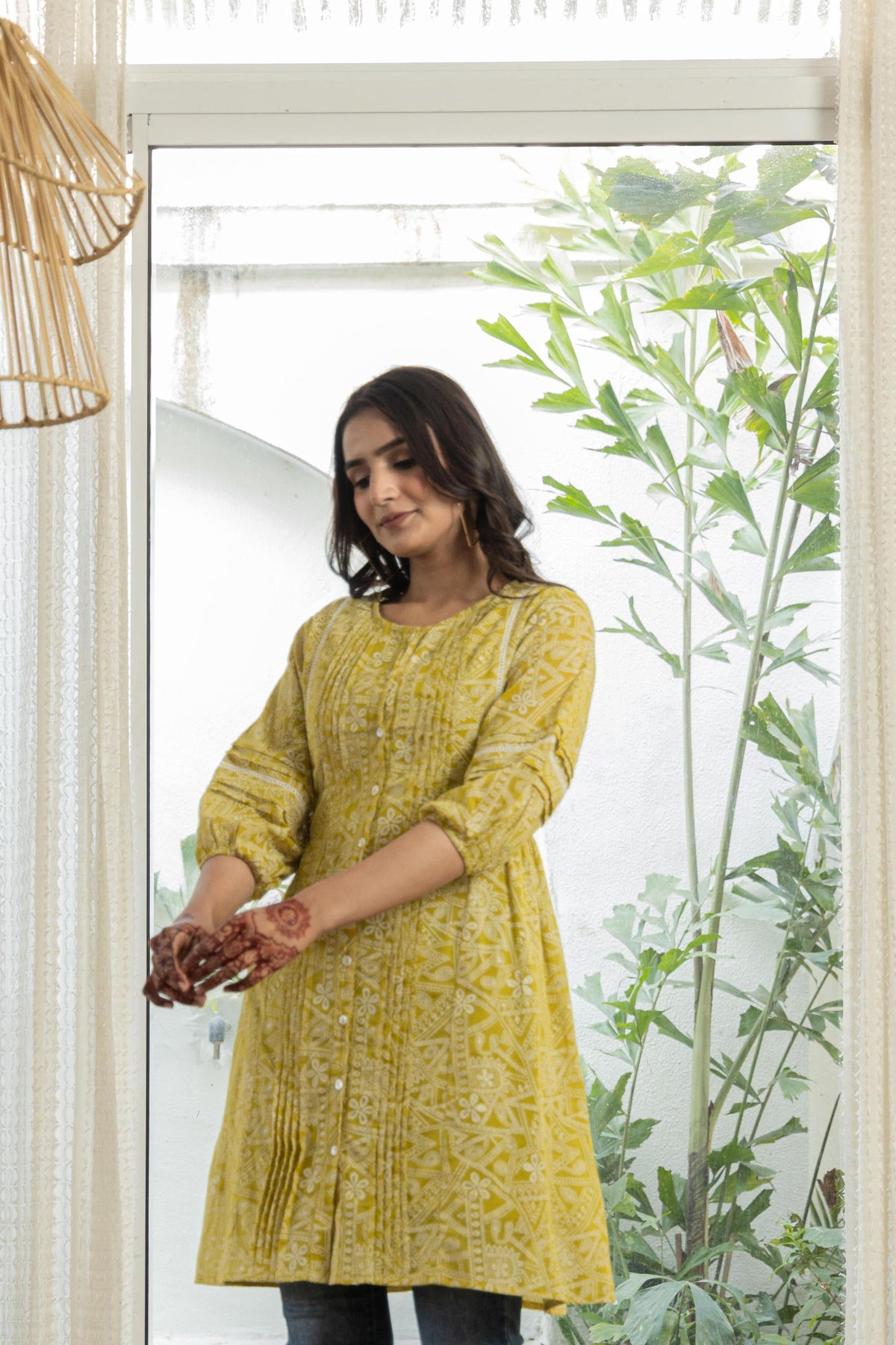 Juniper Lemon Ethnic Motif Printed Cotton Kurta With Button Closure