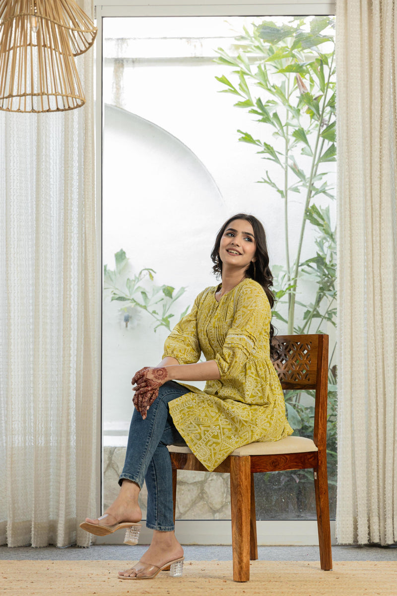 Juniper Lemon Ethnic Motif Printed Cotton Kurta With Button Closure