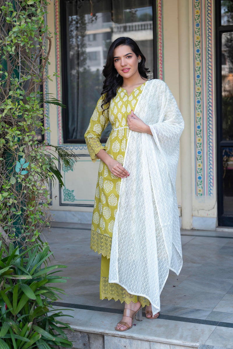 Juniper Lime Green Printed Cotton Kurta With Palazzo & Chiffon Dupatta
