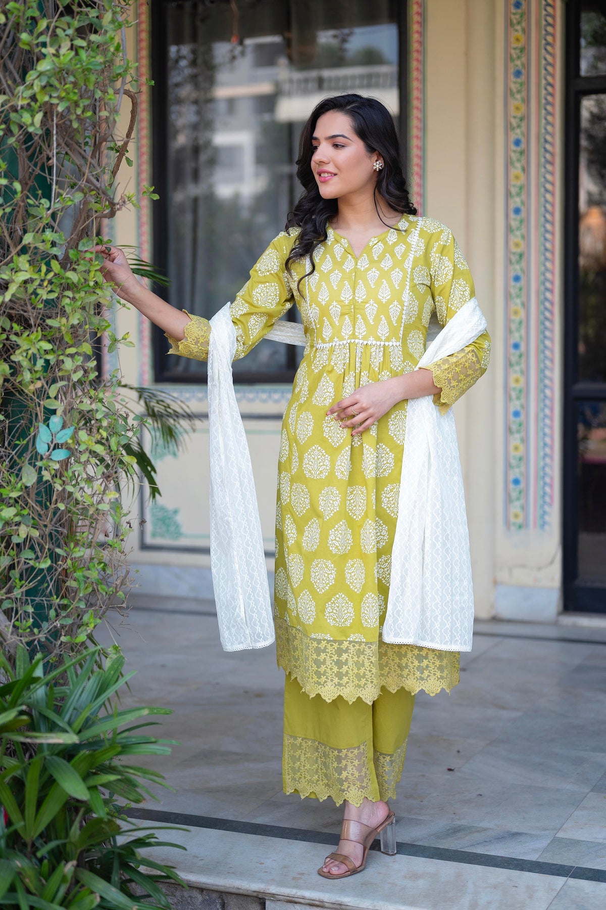 Juniper Lime Green Printed Cotton Kurta With Palazzo & Chiffon Dupatta