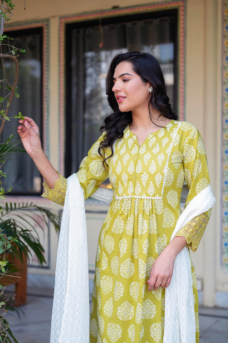Juniper Lime Green Printed Cotton Kurta With Palazzo & Chiffon Dupatta