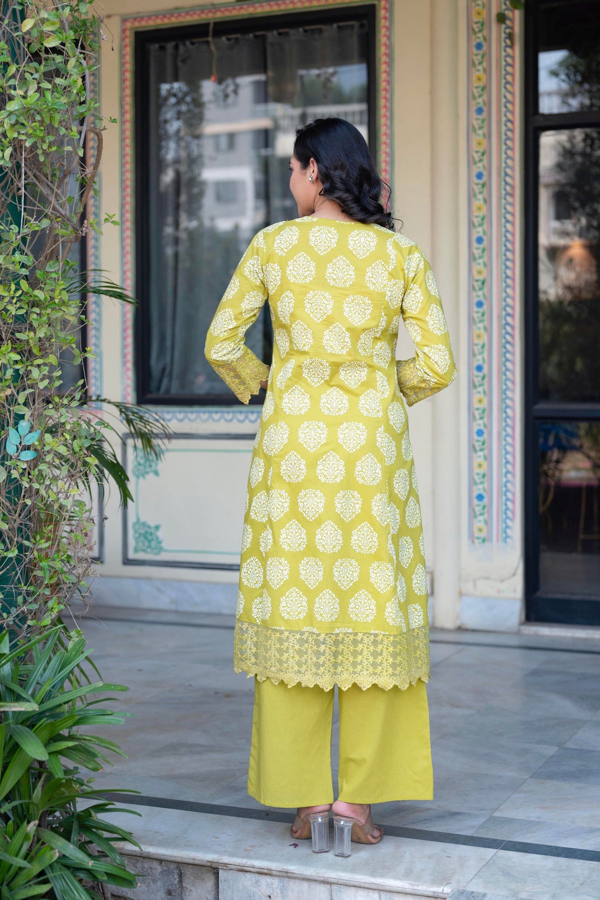 Juniper Lime Green Printed Cotton Kurta With Palazzo & Chiffon Dupatta