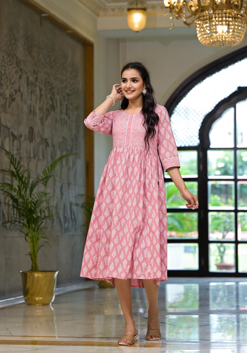 Juniper Pink Ethnic Motif Printed Cotton Short Dress With Button & Lace