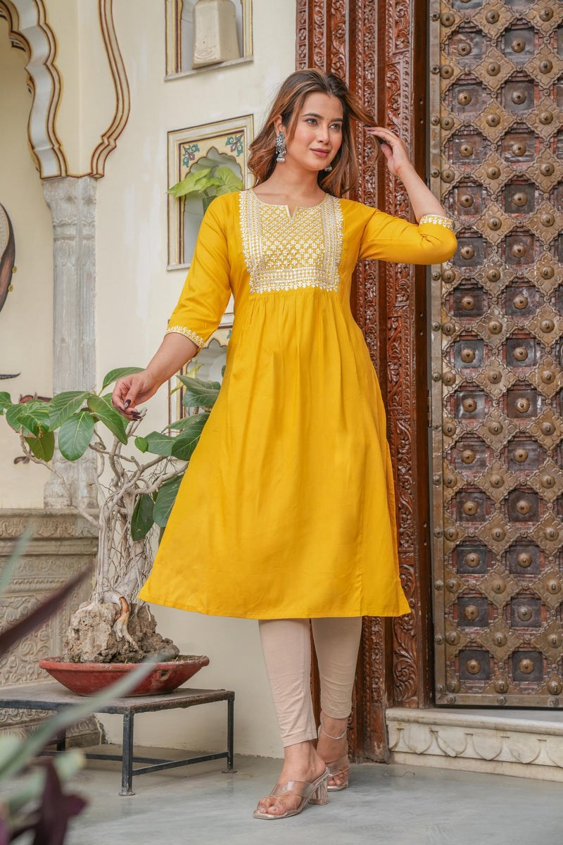 Juniper Mustard Viscose Embroidered Kurta With Thread Work And Sequins
