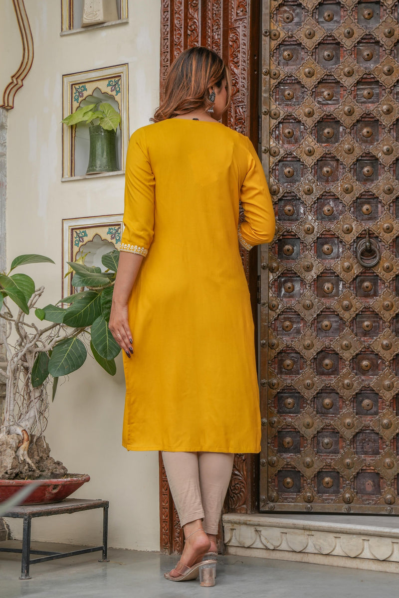 Juniper Mustard Viscose Embroidered Kurta With Thread Work And Sequins