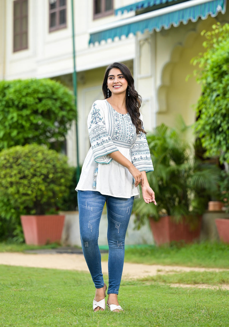 Juniper White Ethnic Motif Printed Viscose Tunic With Sequins & Thread Work