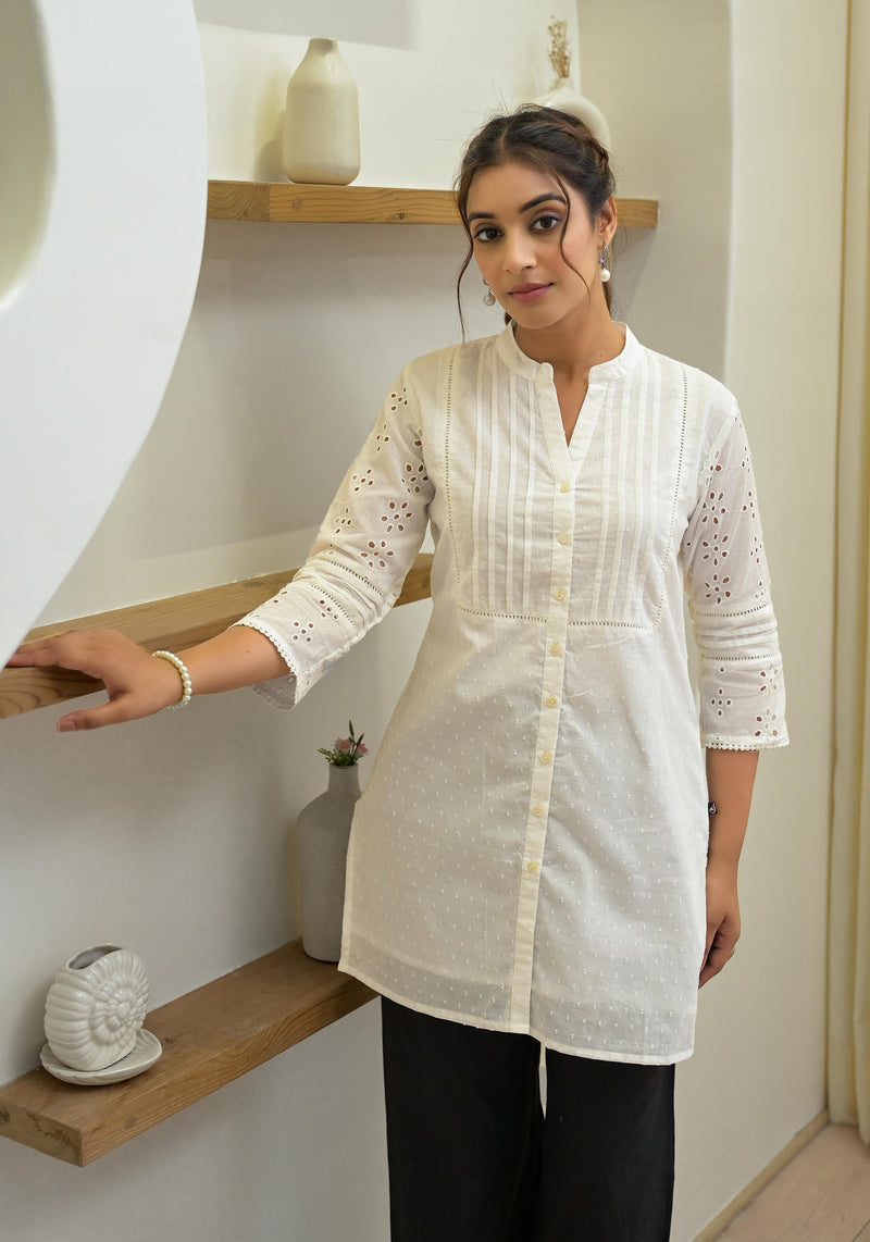 Juniper White Solid Cotton Tunic With Schiffli Work