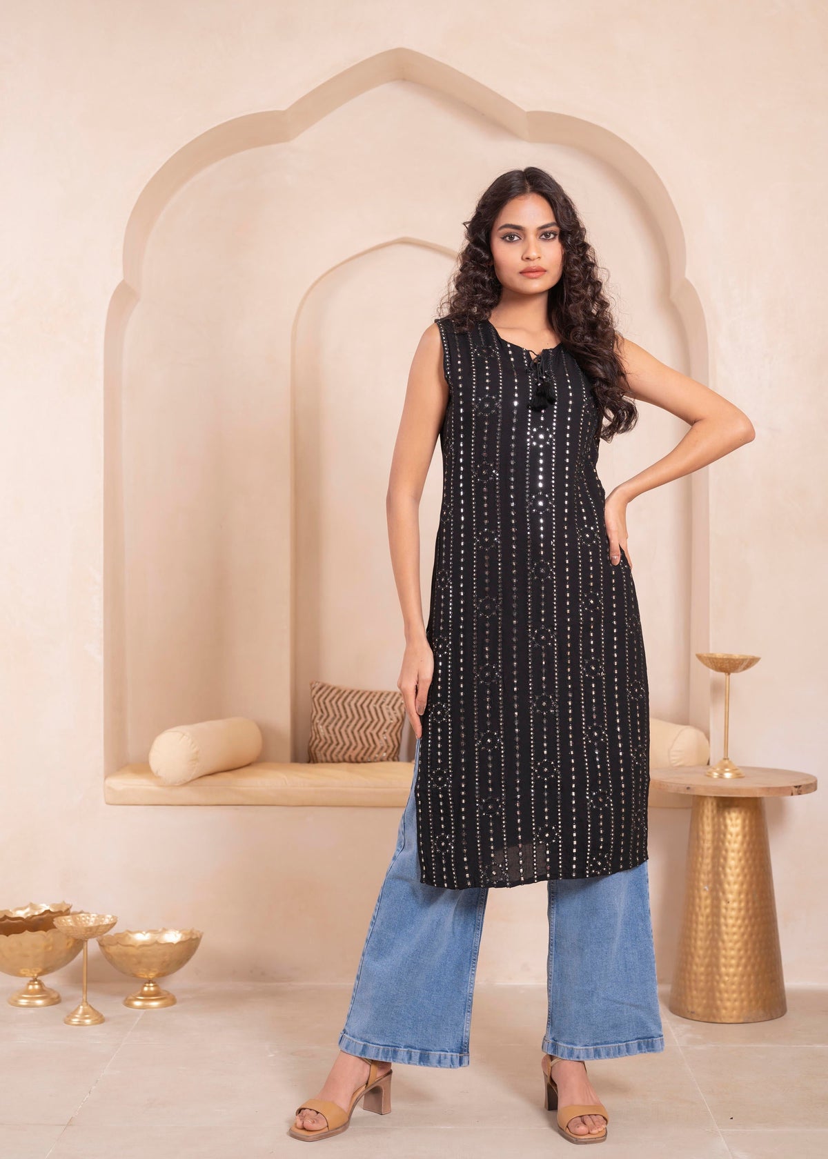 Juniper Black Geometric Embroidered Viscose Kurta With Mirror & Thread Work