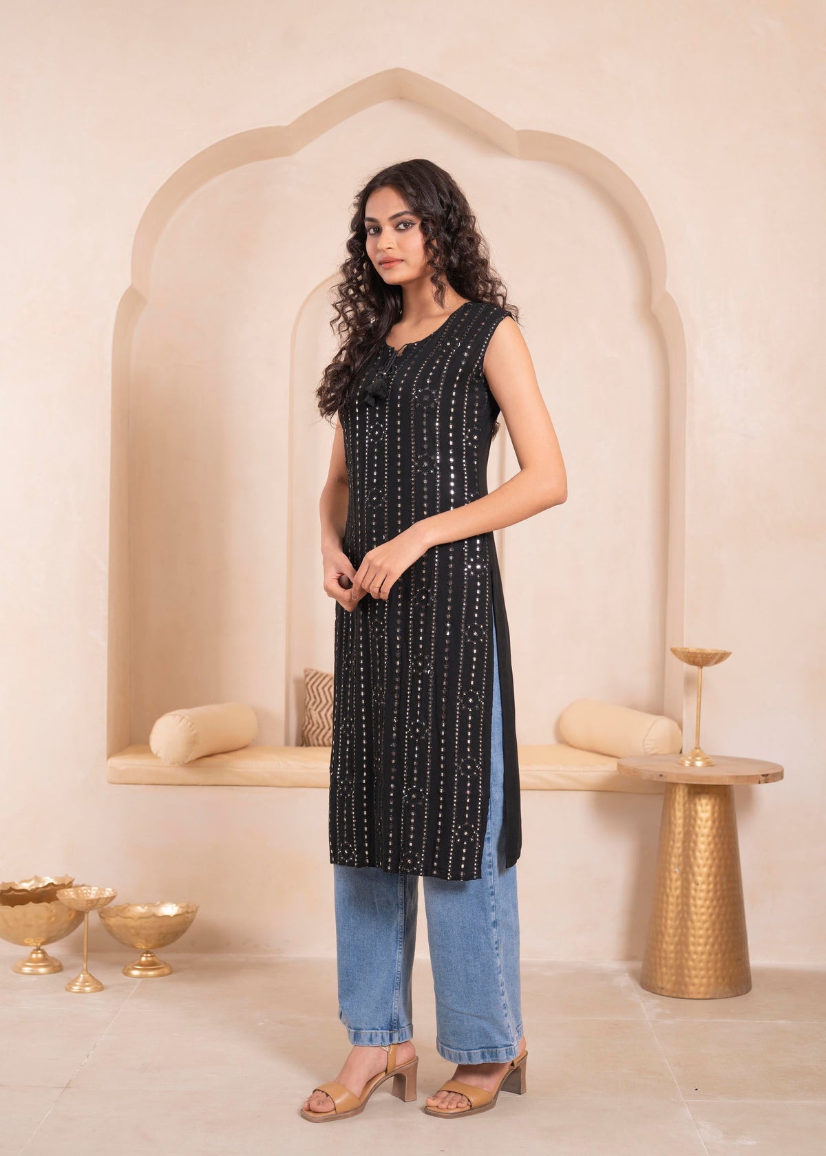Juniper Black Geometric Embroidered Viscose Kurta With Mirror & Thread Work
