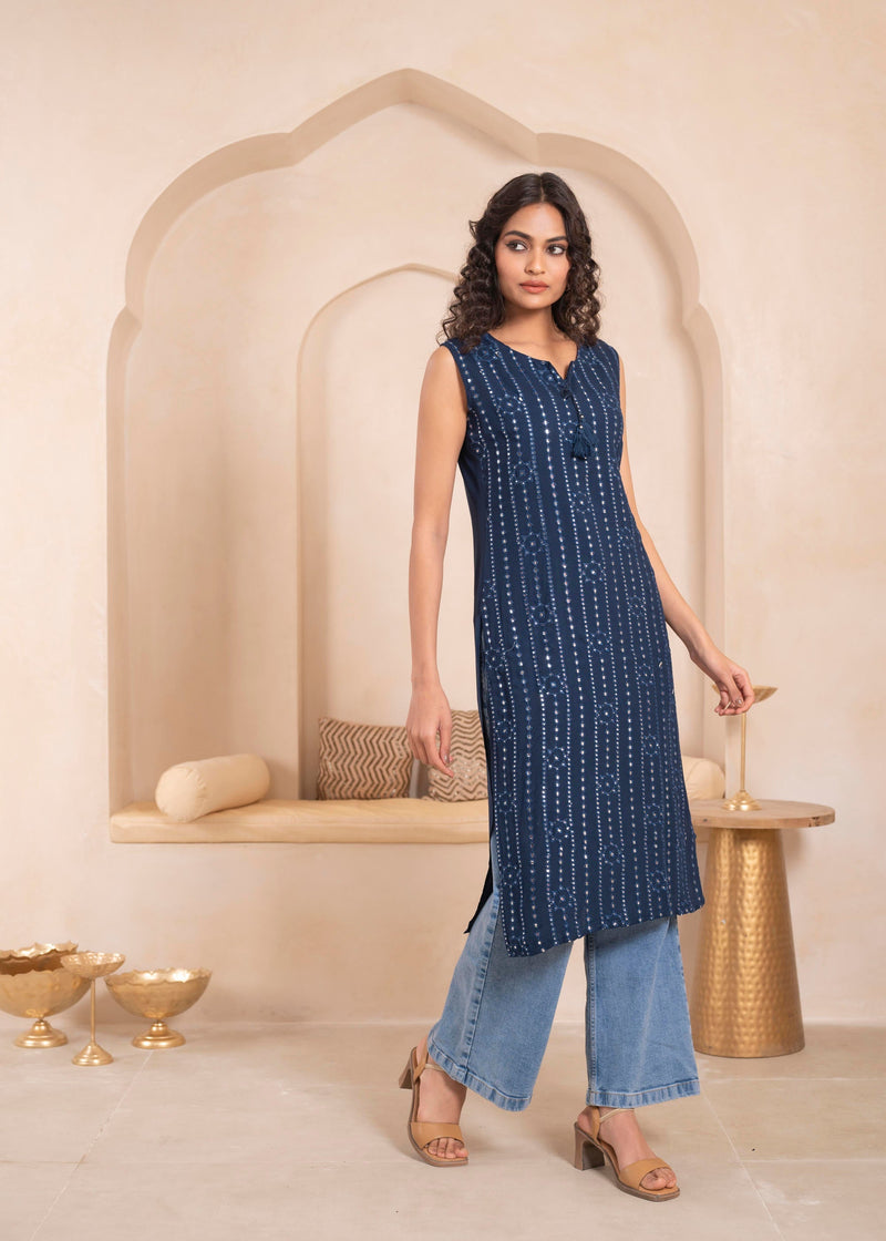 Juniper Navy Geometric Embroidered Viscose Kurta With Mirror Work And Tassels