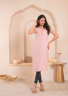 Juniper Pink Geometric Embroidered Viscose Kurta With Mirror Work And Tassels